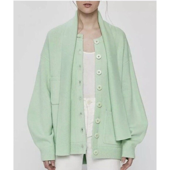 Tibi Airy Wool Tie Collar Sz L Oversized Cardigan Sweater w/ Scarf Pastel Green - Picture 1 of 9